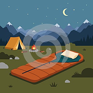 sleeping bag at peaceful mountain campsite