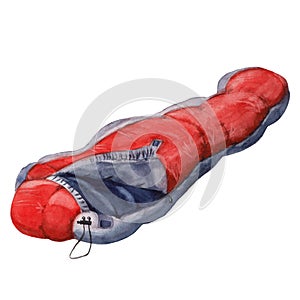 Sleeping bag. Tourist, red and blue sleeping bag, camping equipment. Vintage style watercolor hand drawn illustration.