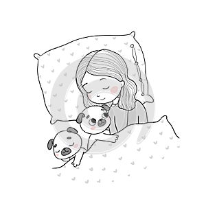 Sleeping beautiful young girl and a cute pugs. Funny Favourite pet puppy under blanket. Vector