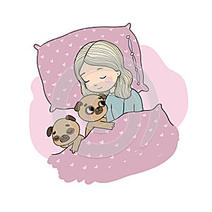 Sleeping beautiful young girl and a cute pugs. Funny Favourite pet puppy under blanket. Vector