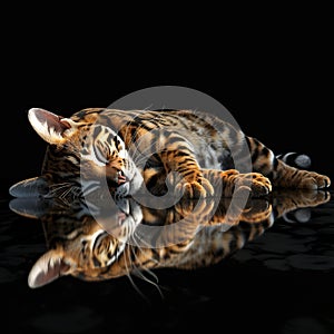 Sleeping Bengal cat reflected on black surface