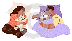 Sleeping black people. Ethnic man with plush dog and girl with bear teddy toy. Time relax. Isolated cute characters in