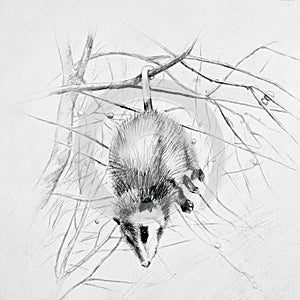 Sleeping black and white possum hanging on a tree branch.