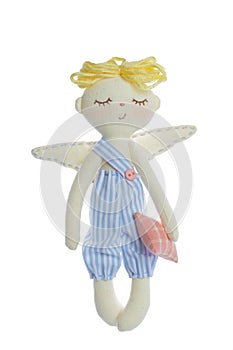 Sleeping blonde boy toy doll isolated on white background