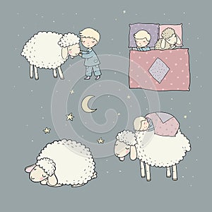 Sleeping boy and cute cartoon sheep. Good night. sleep time. Print for pajamas .