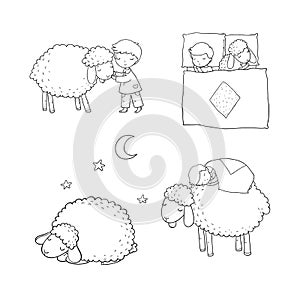 Sleeping boy and cute cartoon sheep. Good night. sleep time. Print for pajamas .