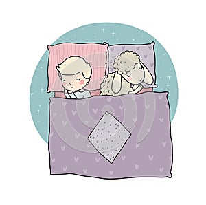 Sleeping boy and cute cartoon sheep. Good night. sleep time. Print for pajamas .