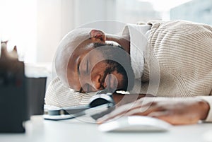 Sleeping, burnout and tired agent in call center overwhelmed by deadlines with fatigue in customer service. Lazy worker