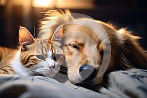Sleeping cat and dog display the epitome of domestic tranquility and companionship