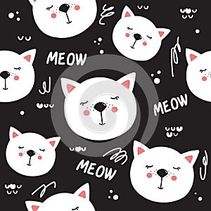 Sleeping cats, black and white seamless pattern