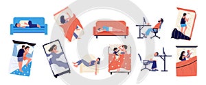 Sleeping characters. Cartoon people sleep in different places and poses, tired young and adult persons in bed on sofa