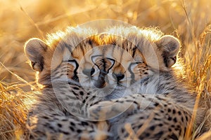 Sleeping Cheetah Cubs in Golden Grass