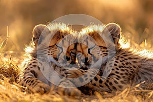 Sleeping Cheetah Cubs in Golden Light