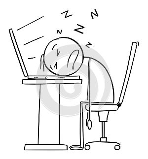 Sleeping on Computer Keyboard, Tired or Overworked Office Worker or Businessman in Office, Vector Cartoon Stick Figure