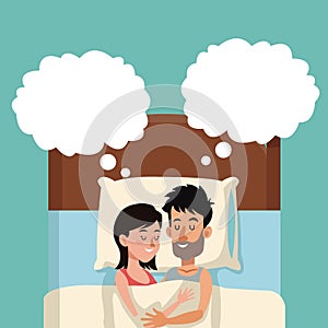 Sleeping couple in bed dreaming hugging happy