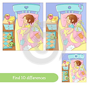 Sleeping cute baby girl. Find 10 differences.