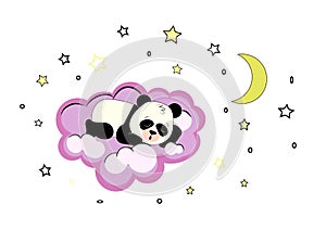 Sleeping cute panda on a violet cloud in sky with stars and moon