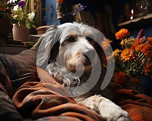 A sleeping dog on a bed in the living room, pet photography