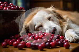 a sleeping dog and a bowl of cherries on a side table