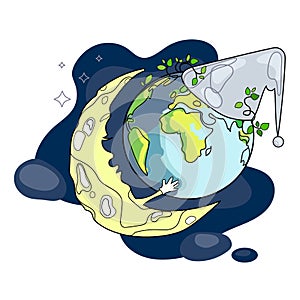 Sleeping earth globe with moon cute vector illustration.World sleep day concept with planet.Earth hour baner