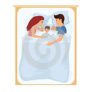 Sleeping family man and woman lie on the bed top view composition with parents and little son.