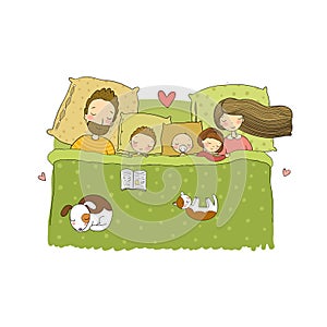 Sleeping family. mom, dad and children. Sweet Dreams.