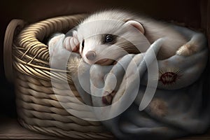 Sleeping ferret in a wicker basket on a dark background