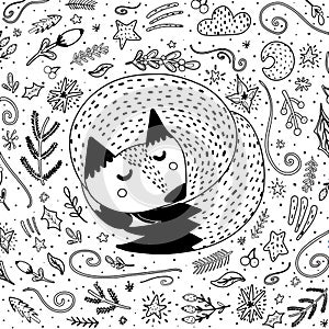 Sleeping fox coloring page for adults and kids. Black and white background