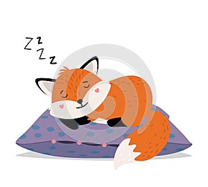 Sleeping fox. Orange cute tod sweet dreams on soft pillow, smiling foxy face autumn babies sleeps vector graphic