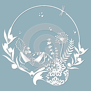 Sleeping Fox in a round frame, with patterns, flowers, butterflies. Template for laser, plotter cutting, and screen printing. The