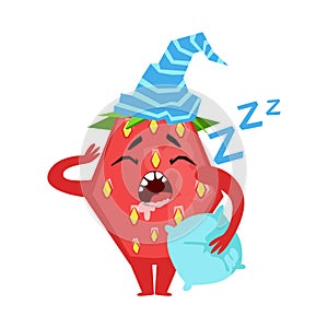 Sleeping funny strawberry. Cute cartoon emoji character vector Illustration