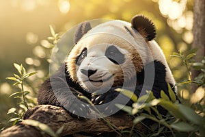 Sleeping giant panda baby on stem. ai generative