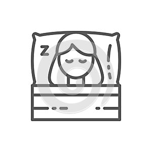 Sleeping girl on bed line icon.