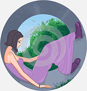 Sleeping girl in a tunnel on a background of green.