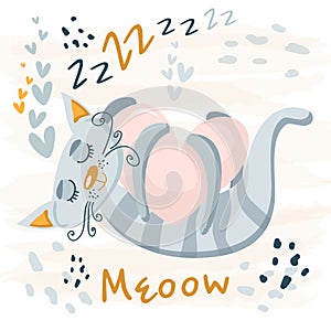 Sleeping grey cute cat baby animal. Nursery vector cartoon sleep animal cat, cute print illustration. Adorable gray and