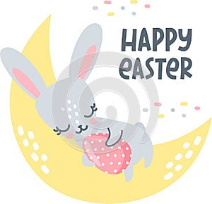 Sleeping hare, rabbit hugging Easter egg. Rabbit sleeping on the moon. Happy Easter inscription.