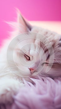 sleeping kitten, close up, pink background