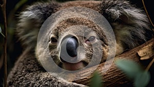 Sleeping koala on eucalyptus branch, cute marsupial in nature generated by AI