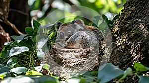 Sleeping Koala in Eucalyptus Tree, Sunlight, Forest