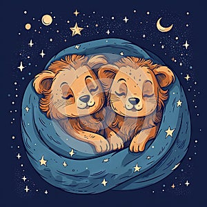Sleeping Lion Cubs Cuddled Under Starry Blanket. Perfect for Children\'s Books.
