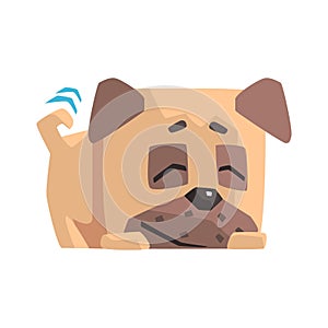 Sleeping Little Pet Pug Dog Puppy With Collar Smiling And Wiggling Tail Emoji Cartoon Illustration