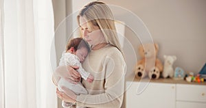 Sleeping, love and mother with baby in home for bonding, relationship and child development together. Newborn