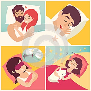 Sleeping man. Cartoon boy at bed. Cartoon character men on pillow. Sweet dreams