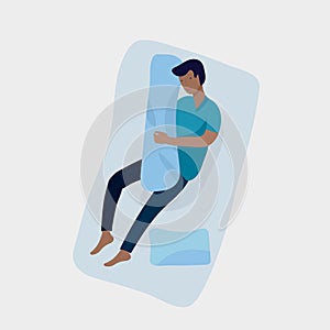 Sleeping man character. Boy are sleep in bed alone in relax pose. Top view. Colorful vector