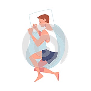Sleeping Man Character Lying in Pose with Pillow Vector Illustration