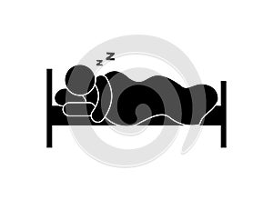 Sleeping man icon, sound sleep in bed, stick figure man resting