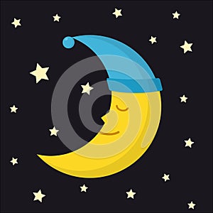 Sleeping moon in nightcap and stars on dark night background. Crescent in hat