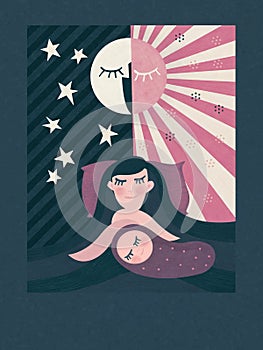 Sleeping mother and small baby. Birth announcement card