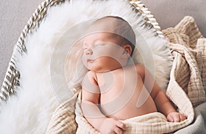 Sleeping newborn baby in basket wrapped in blanket in white fur background. Portrait of little child one week old