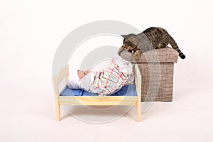Sleeping newborn baby boy in bed guarded by cat